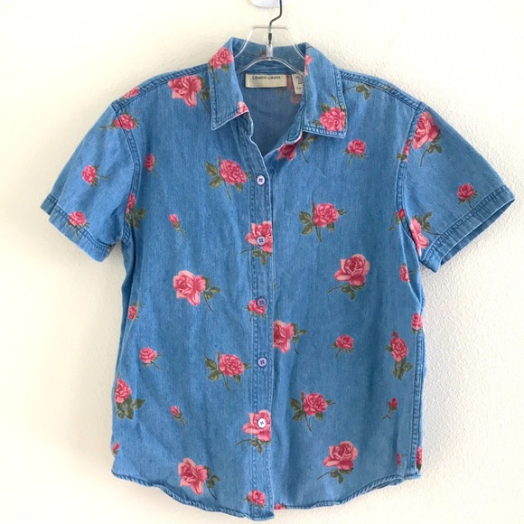 Lemon Grass Tops - Lemon Grass Denim Blouse with Pink Roses Size Small